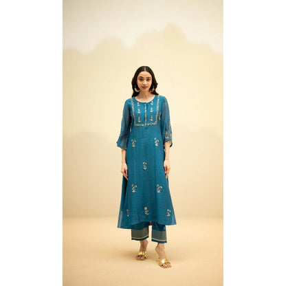 AM by Anita Mittal Teal Chanderi Chandini Kurta with Pant and Dupatta