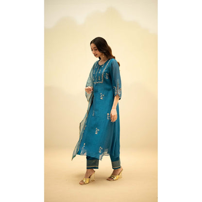 AM by Anita Mittal Teal Chanderi Chandini Kurta with Pant and Dupatta