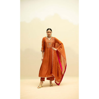 AM by Anita Mittal Rust Cotton Jhoomar Kurta with Pant and Dupatta
