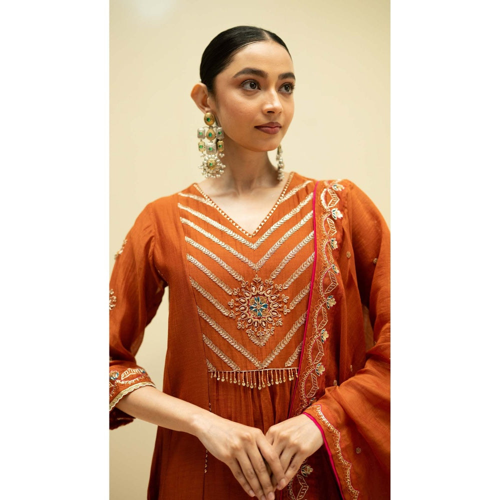 AM by Anita Mittal Rust Cotton Jhoomar Kurta with Pant and Dupatta