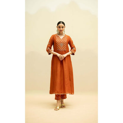 AM by Anita Mittal Rust Cotton Jhoomar Kurta with Pant and Dupatta