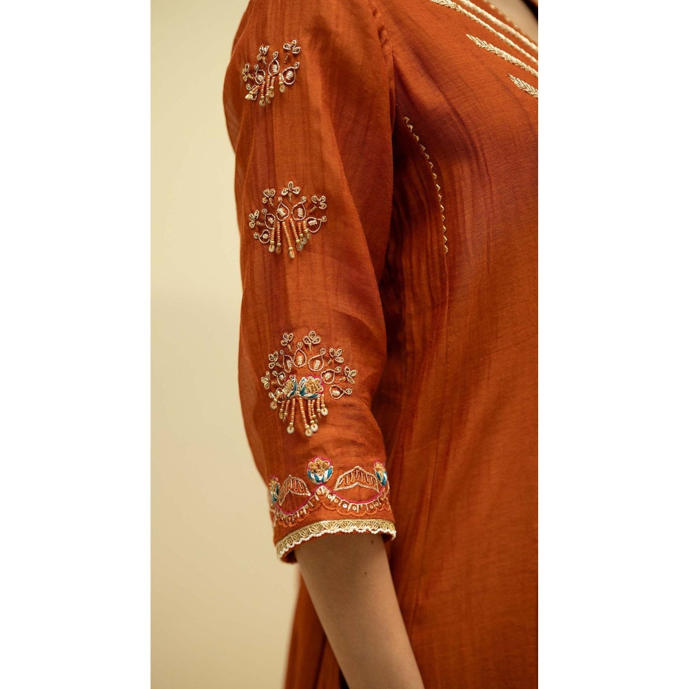 AM by Anita Mittal Rust Cotton Jhoomar Kurta with Pant and Dupatta