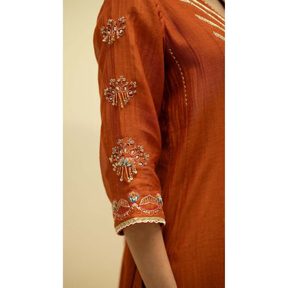 AM by Anita Mittal Rust Cotton Jhoomar Kurta with Pant and Dupatta