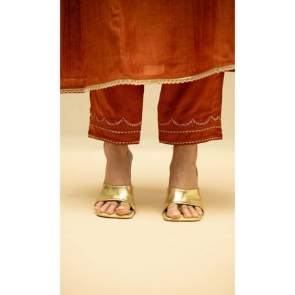 AM by Anita Mittal Rust Cotton Jhoomar Kurta with Pant and Dupatta