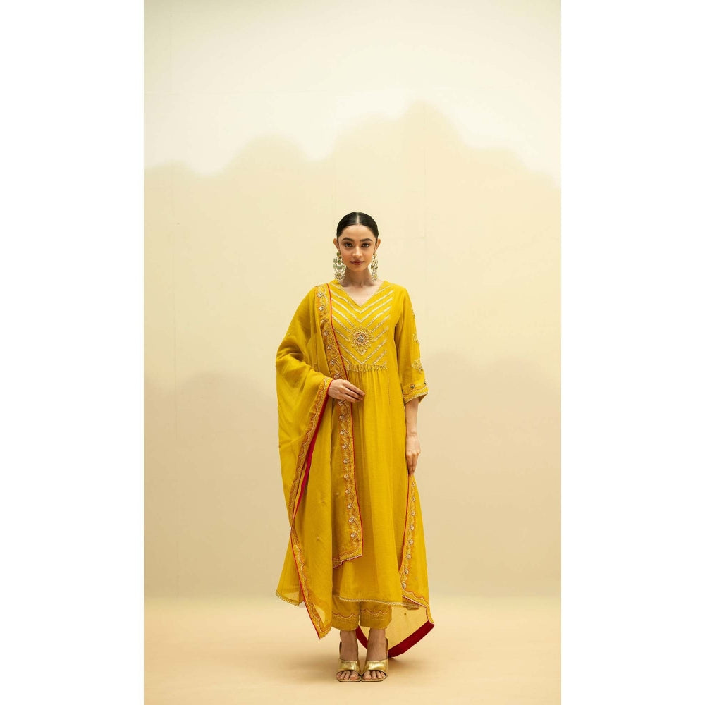 AM by Anita Mittal Yellow Cotton Jhoomar Kurta with Pant and Dupatta