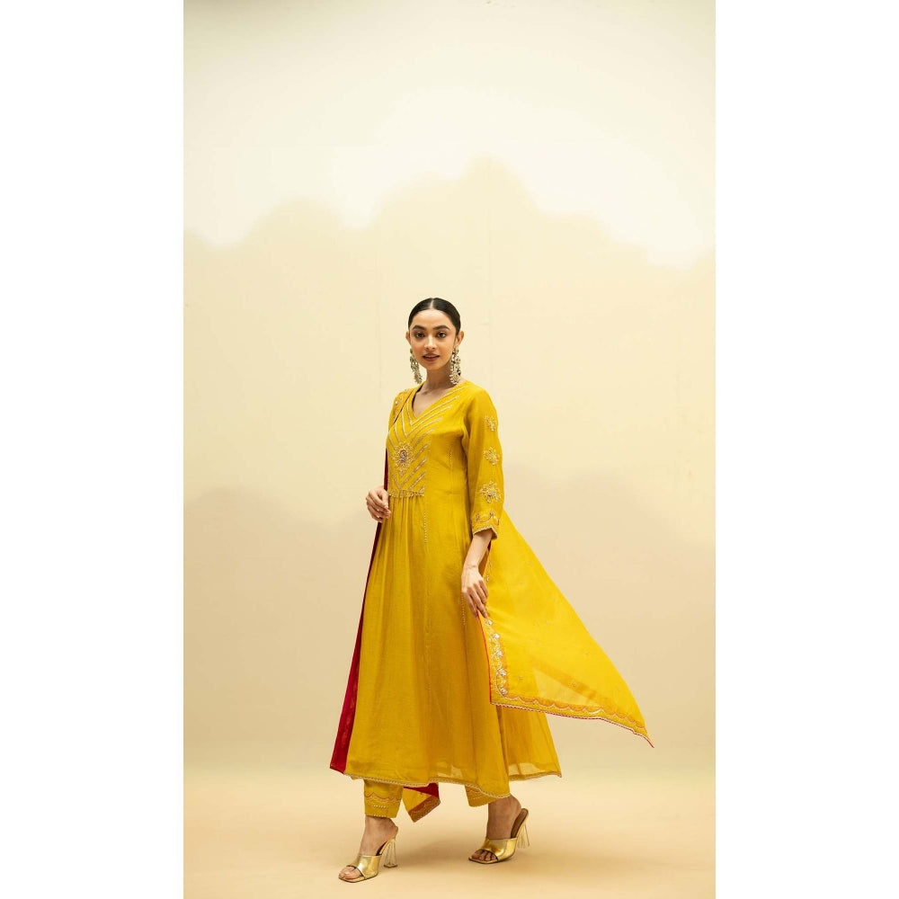 AM by Anita Mittal Yellow Cotton Jhoomar Kurta with Pant and Dupatta