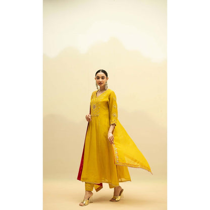 AM by Anita Mittal Yellow Cotton Jhoomar Kurta with Pant and Dupatta