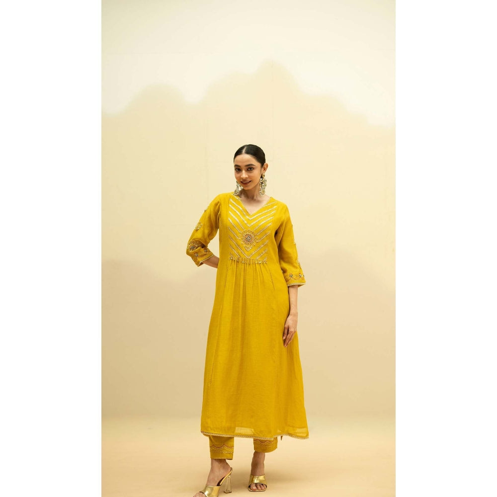 AM by Anita Mittal Yellow Cotton Jhoomar Kurta with Pant and Dupatta