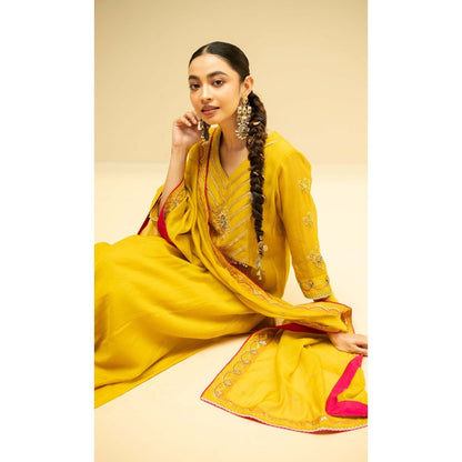 AM by Anita Mittal Yellow Cotton Jhoomar Kurta with Pant and Dupatta