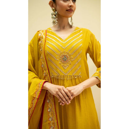 AM by Anita Mittal Yellow Cotton Jhoomar Kurta with Pant and Dupatta