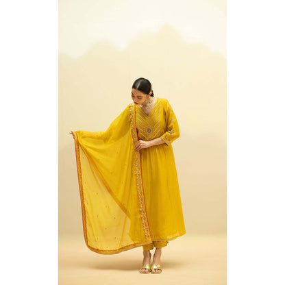 AM by Anita Mittal Yellow Cotton Jhoomar Kurta with Pant and Dupatta