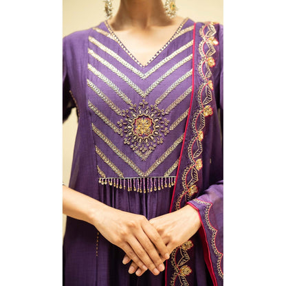 AM by Anita Mittal Purple Cotton Jhoomar Kurta with Pant and Dupatta