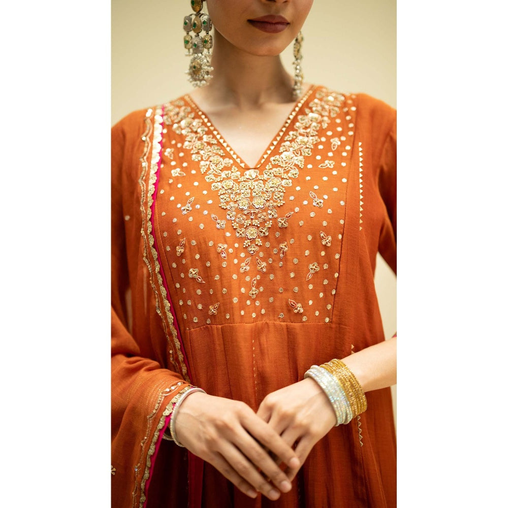AM by Anita Mittal Rust Cotton Taarini Kurta with Pant and Dupatta