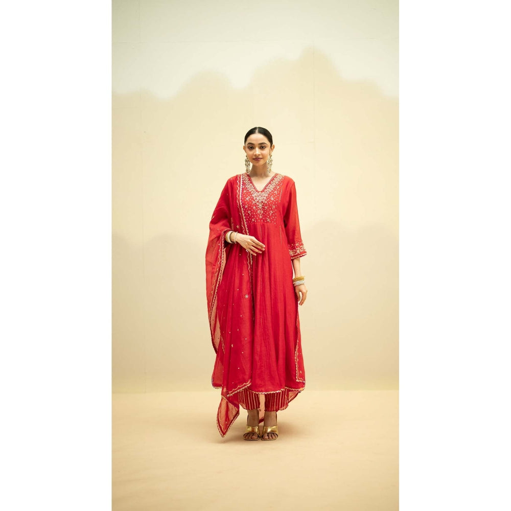 AM by Anita Mittal Red Cotton Taarini Kurta with Pant and Dupatta