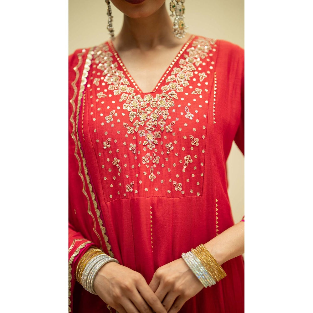 AM by Anita Mittal Red Cotton Taarini Kurta with Pant and Dupatta