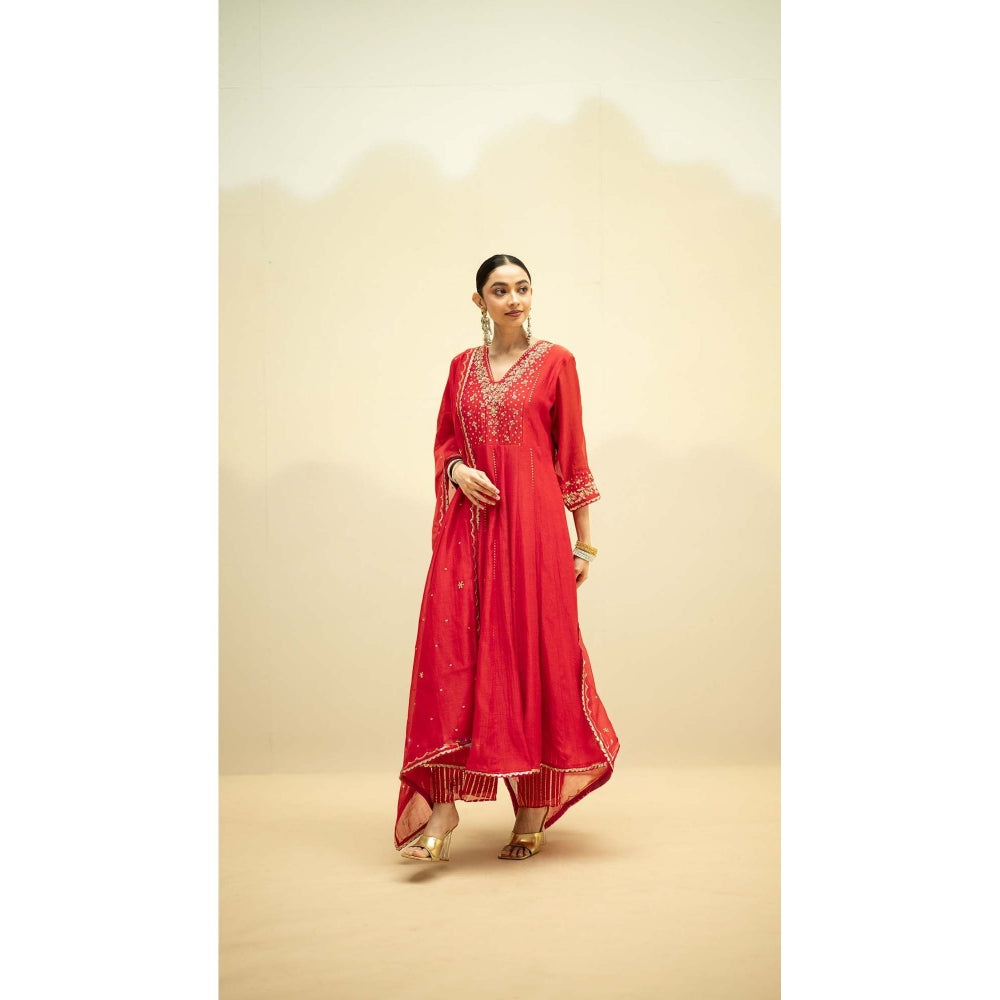 AM by Anita Mittal Red Cotton Taarini Kurta with Pant and Dupatta