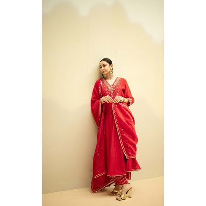 AM by Anita Mittal Red Cotton Taarini Kurta with Pant and Dupatta