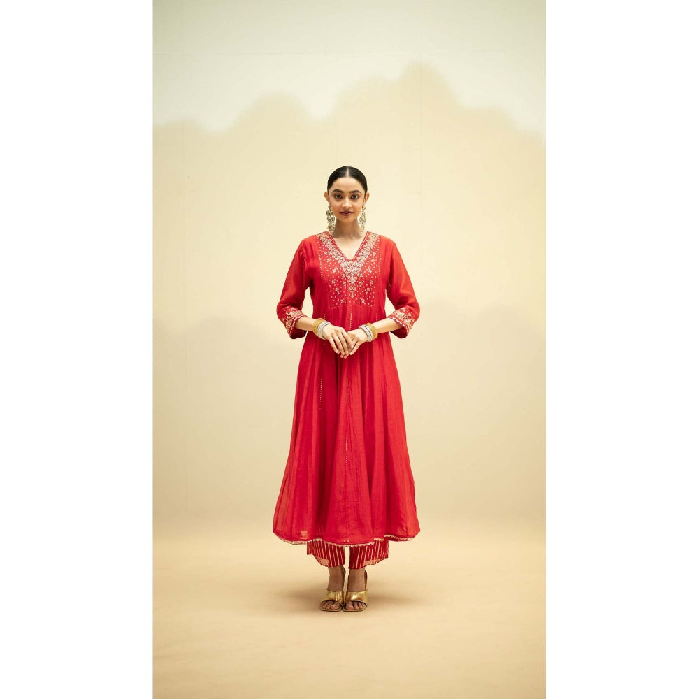 AM by Anita Mittal Red Cotton Taarini Kurta with Pant and Dupatta