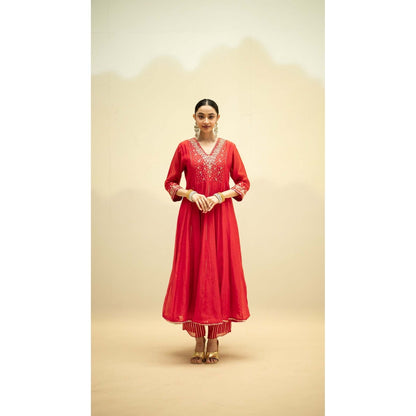 AM by Anita Mittal Red Cotton Taarini Kurta with Pant and Dupatta