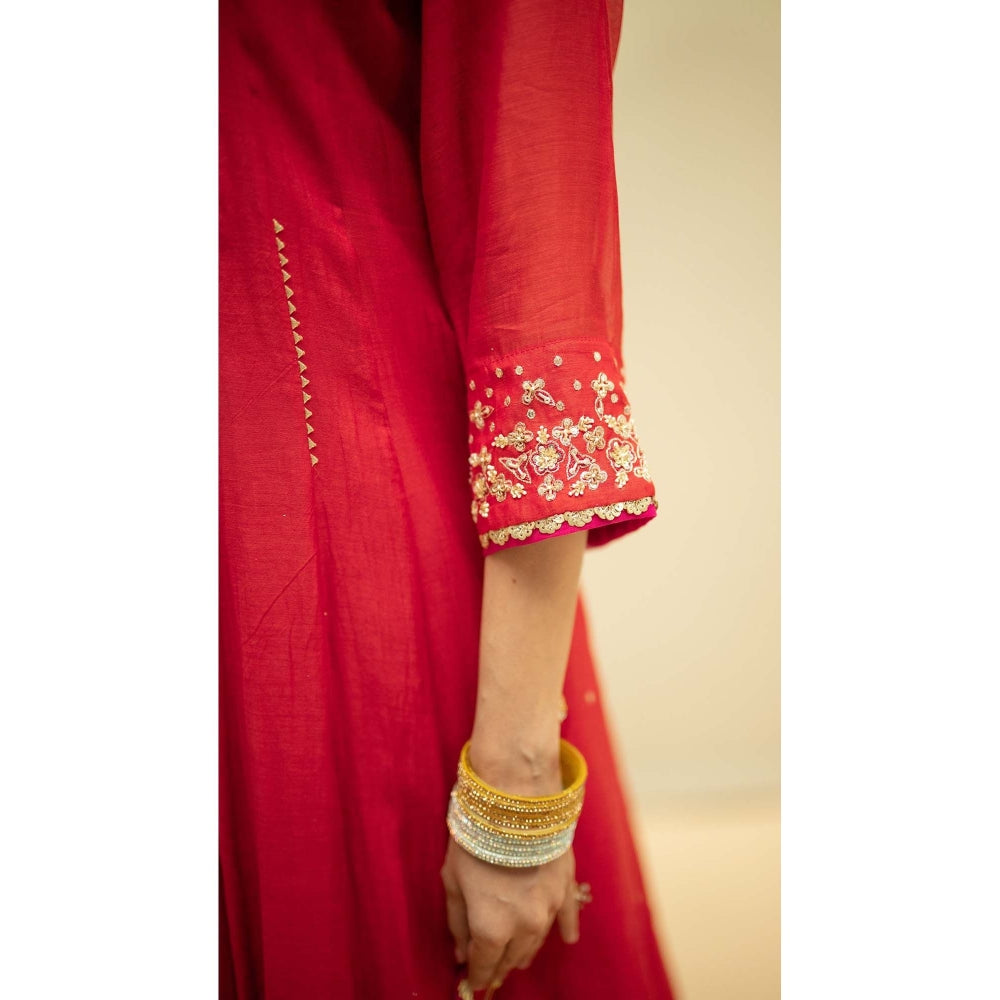 AM by Anita Mittal Red Cotton Taarini Kurta with Pant and Dupatta