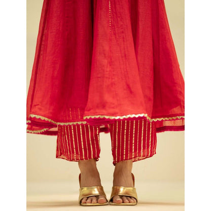 AM by Anita Mittal Red Cotton Taarini Kurta with Pant and Dupatta