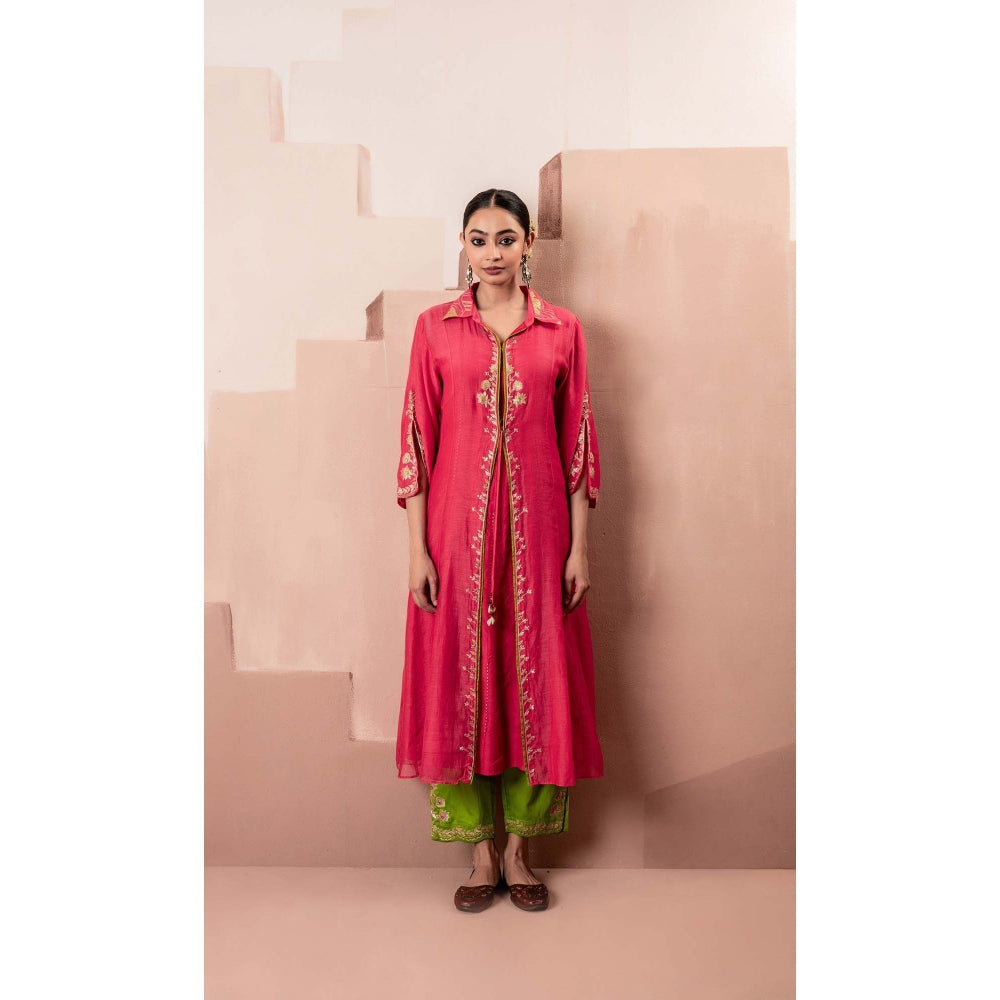 AM by Anita Mittal Pink Chanderi Tara Jacket Inner with Jacket and Pant