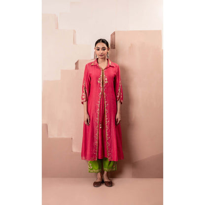 AM by Anita Mittal Pink Chanderi Tara Jacket Inner with Jacket and Pant