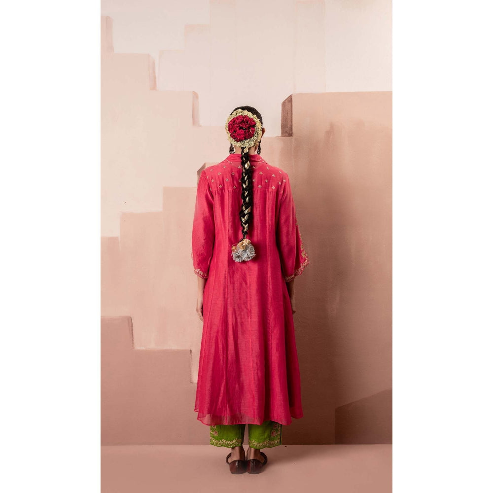 AM by Anita Mittal Pink Chanderi Tara Jacket Inner with Jacket and Pant