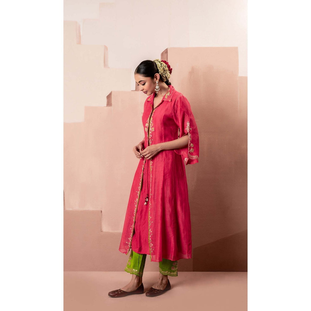 AM by Anita Mittal Pink Chanderi Tara Jacket Inner with Jacket and Pant