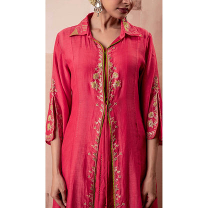 AM by Anita Mittal Pink Chanderi Tara Jacket Inner with Jacket and Pant