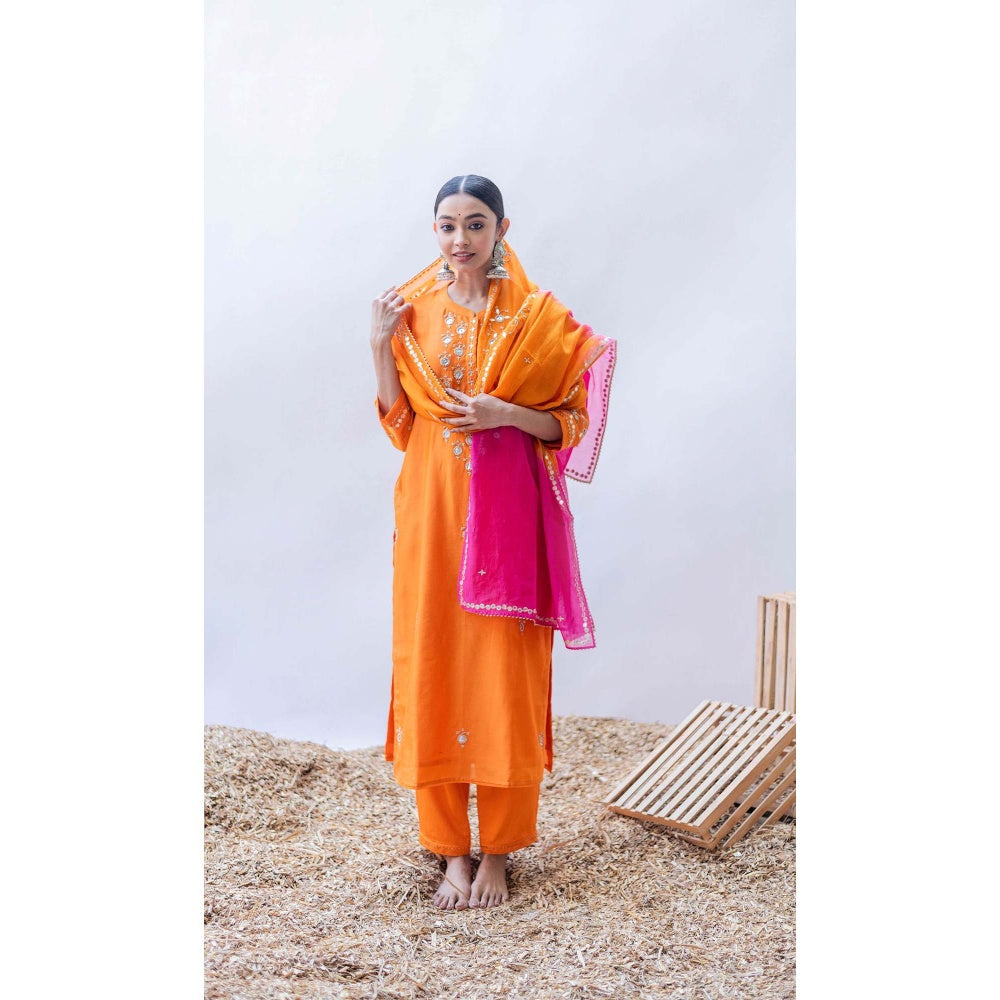 AM by Anita Mittal Orange Mul Gulmina Kurta with Pant and Dupatta