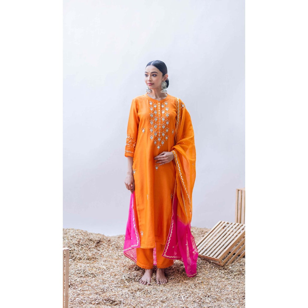 AM by Anita Mittal Orange Mul Gulmina Kurta with Pant and Dupatta