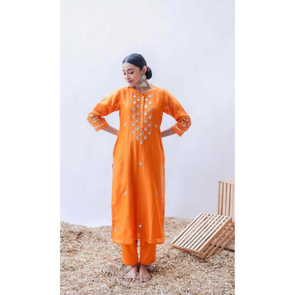 AM by Anita Mittal Orange Mul Gulmina Kurta with Pant and Dupatta