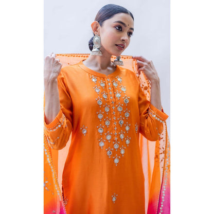 AM by Anita Mittal Orange Mul Gulmina Kurta with Pant and Dupatta