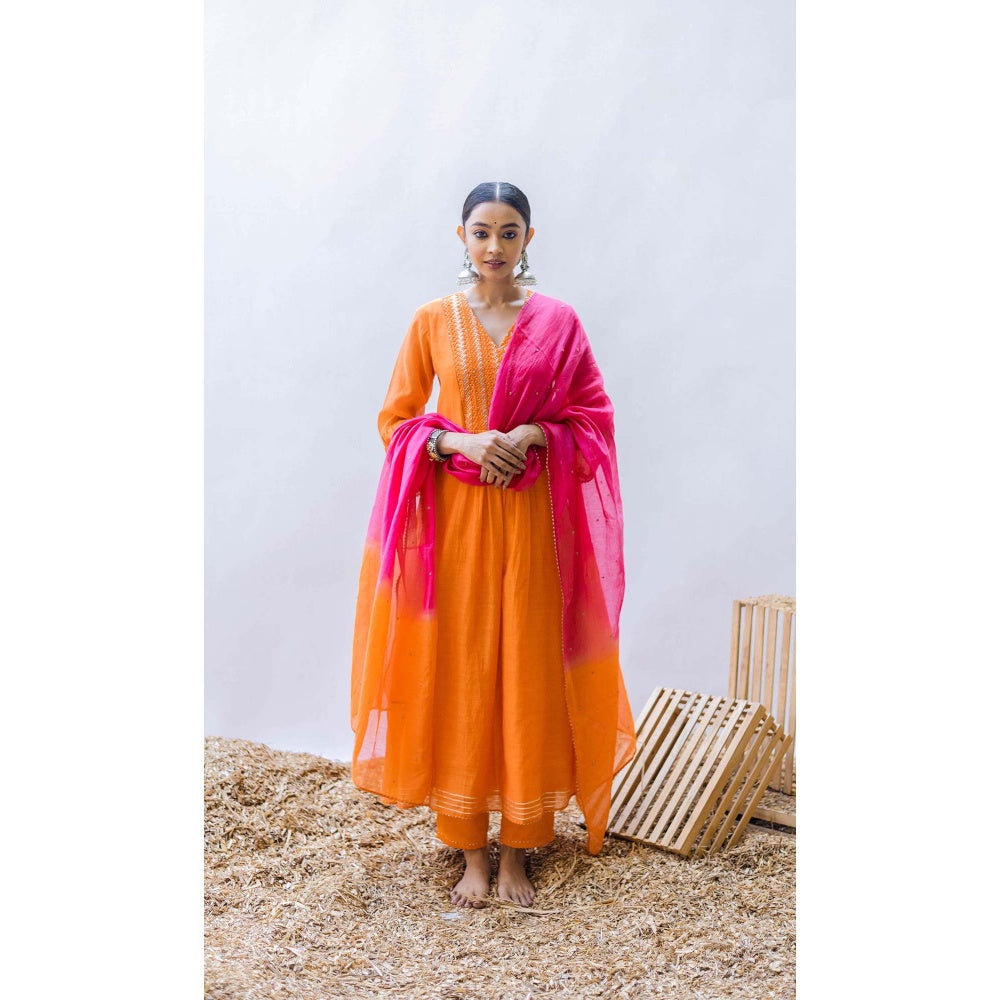 AM by Anita Mittal Orange Mul Aqsa A-Line Kurta with Pant and Dupatta