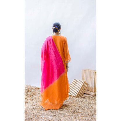 AM by Anita Mittal Orange Mul Aqsa A-Line Kurta with Pant and Dupatta