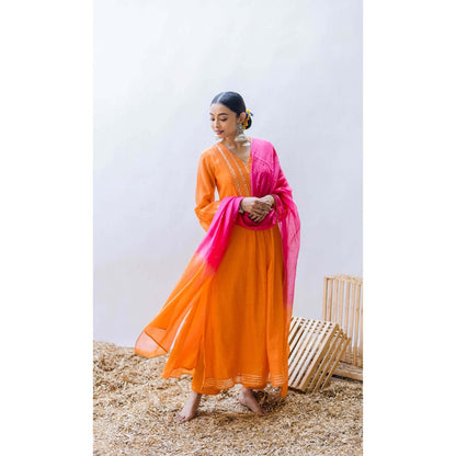 AM by Anita Mittal Orange Mul Aqsa A-Line Kurta with Pant and Dupatta