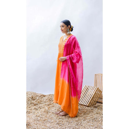 AM by Anita Mittal Orange Mul Aqsa A-Line Kurta with Pant and Dupatta