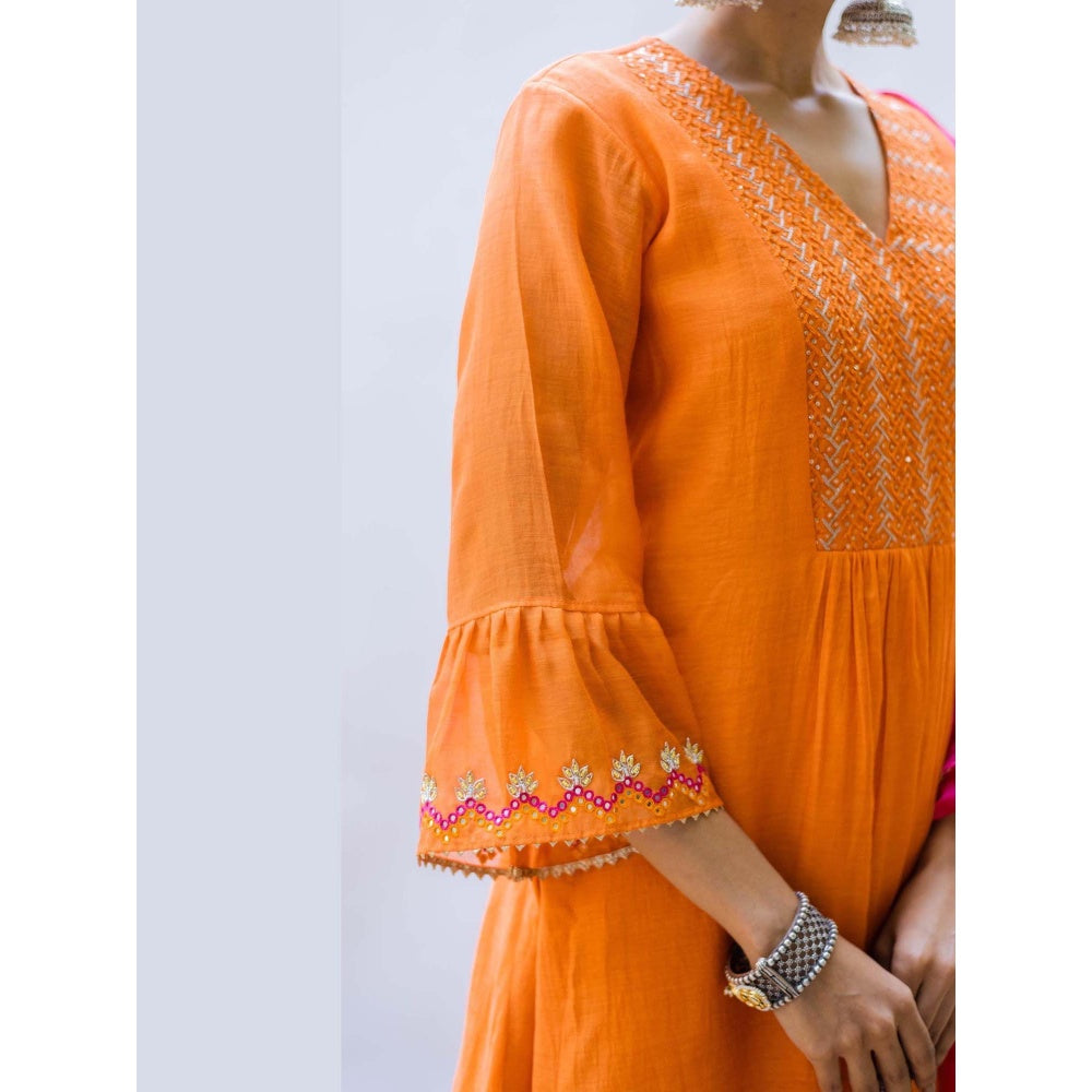 AM by Anita Mittal Orange Mul Aqsa A-Line Kurta with Pant and Dupatta