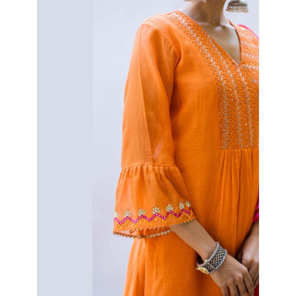 AM by Anita Mittal Orange Mul Aqsa A-Line Kurta with Pant and Dupatta