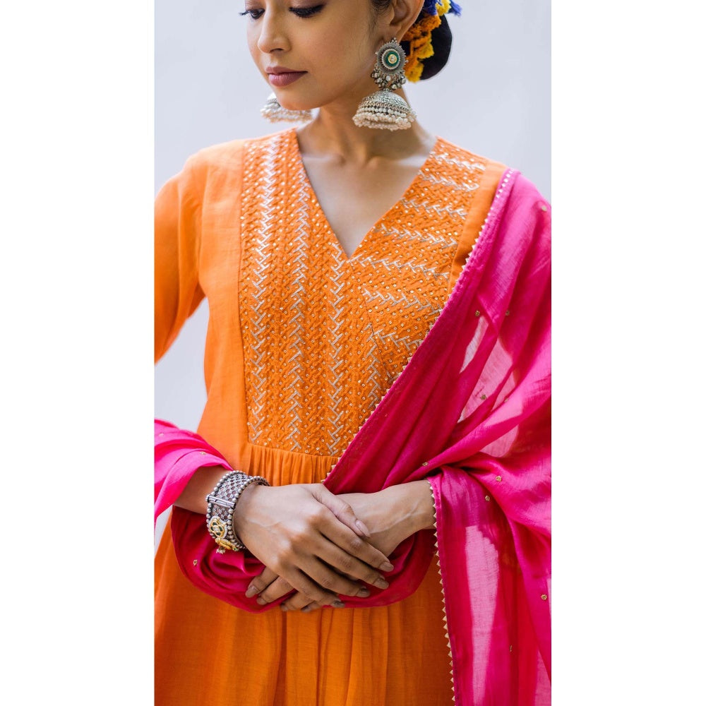 AM by Anita Mittal Orange Mul Aqsa A-Line Kurta with Pant and Dupatta