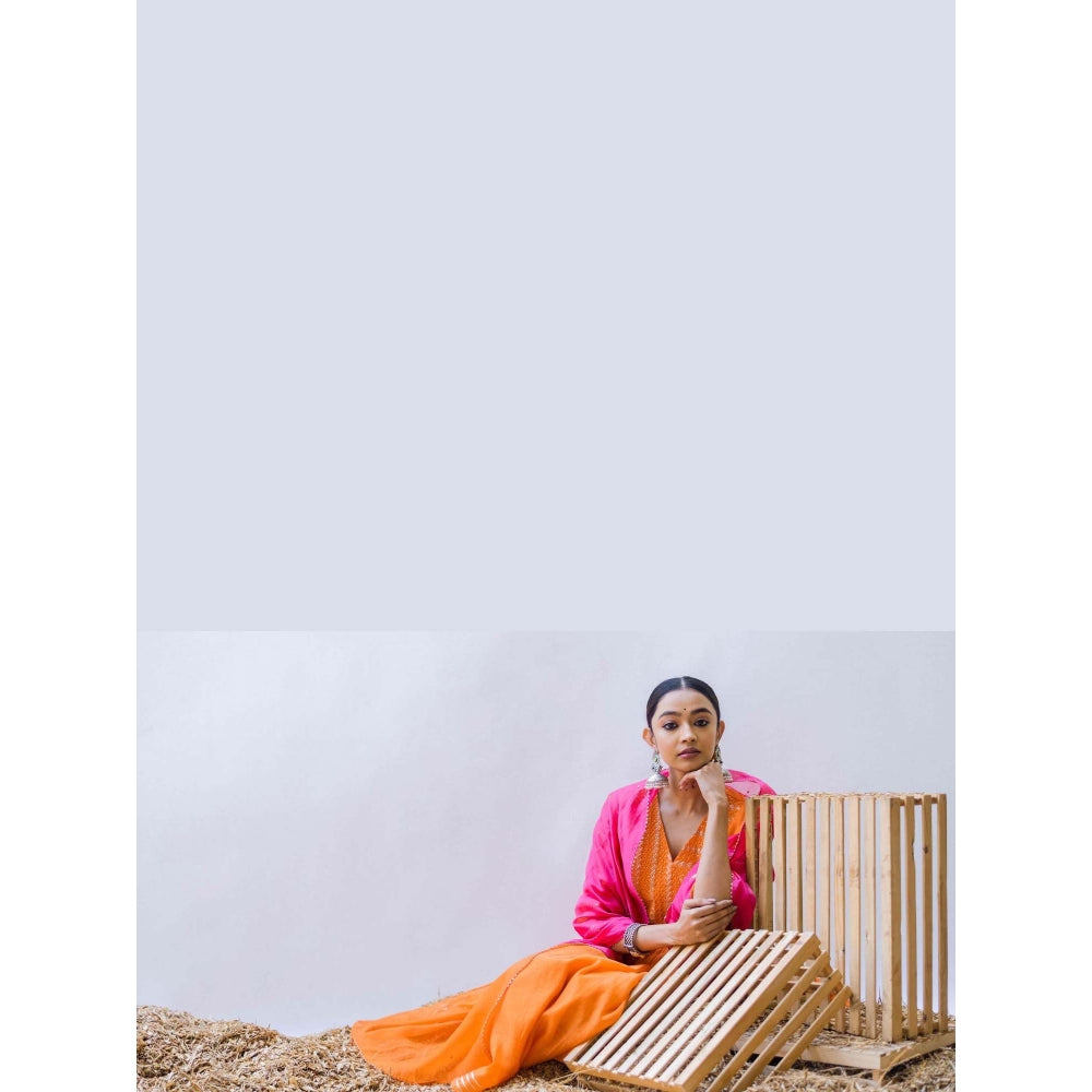 AM by Anita Mittal Orange Mul Aqsa A-Line Kurta with Pant and Dupatta