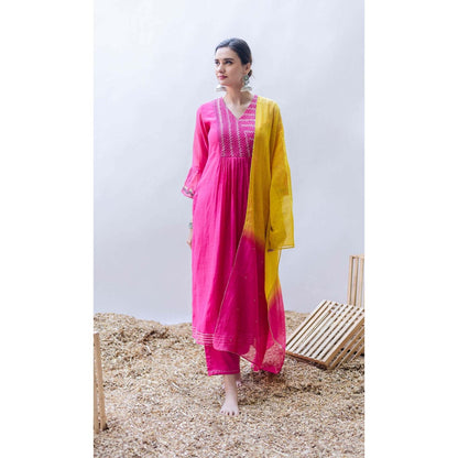AM by Anita Mittal Pink Mul Aqsa Aline Kurta with Pant and Dupatta