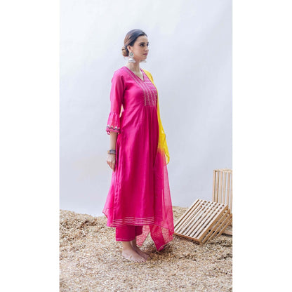 AM by Anita Mittal Pink Mul Aqsa Aline Kurta with Pant and Dupatta