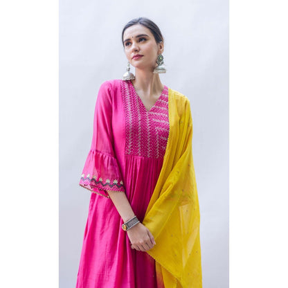 AM by Anita Mittal Pink Mul Aqsa Aline Kurta with Pant and Dupatta