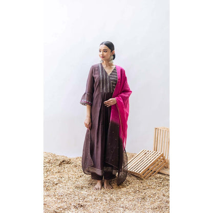 AM by Anita Mittal Brown Mul Aqsa A-Line Kurta with Pant and Dupatta
