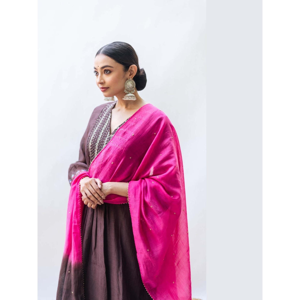 AM by Anita Mittal Brown Mul Aqsa A-Line Kurta with Pant and Dupatta