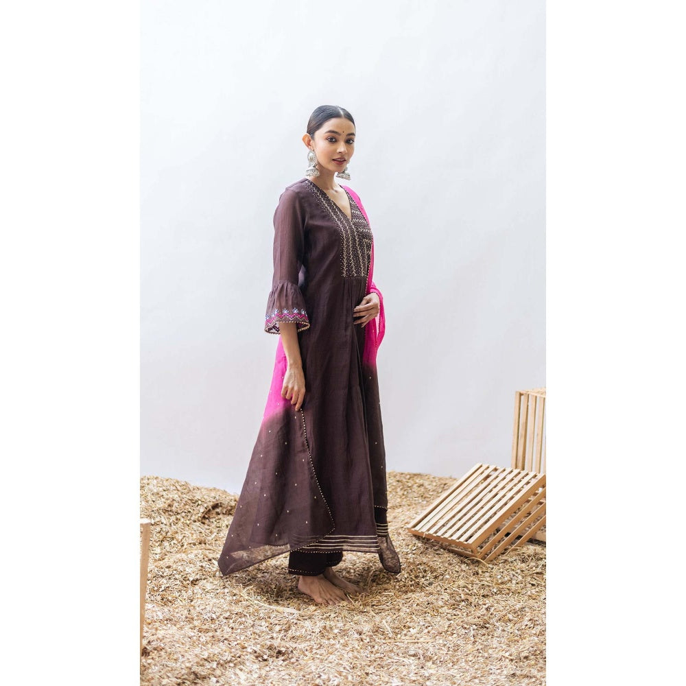 AM by Anita Mittal Brown Mul Aqsa A-Line Kurta with Pant and Dupatta
