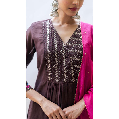 AM by Anita Mittal Brown Mul Aqsa A-Line Kurta with Pant and Dupatta