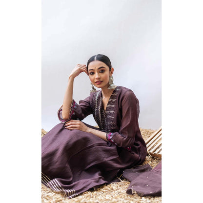 AM by Anita Mittal Brown Mul Aqsa A-Line Kurta with Pant and Dupatta